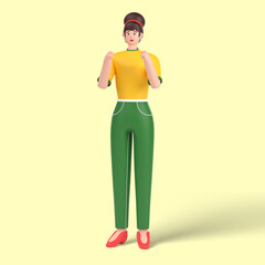 3d female character Winning gesture, expressing positive emotion. Successful smiling, showing strength with fists
