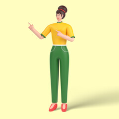 3d female character pointing with two hands and fingers to the side.