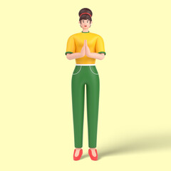 3d female character greeting with hands together. saying namaste gesture sign