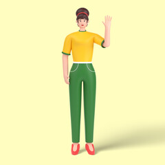 3d female character saying hello with waving hand 