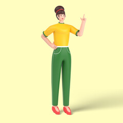 3d female character having great idea, finding inspiration or solution to problem, pointing finger up