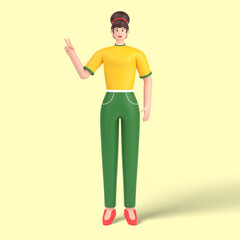 3d female character showing fingers doing victory sign, number two