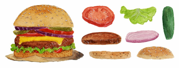 a set of cute hand painted yummy burger and ingredients