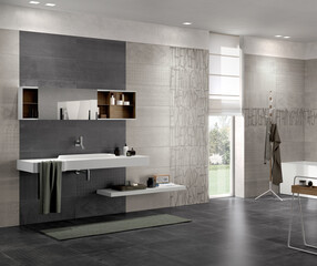 Modern interior design, bathroom with gray tiles, seamless, luxurious background.