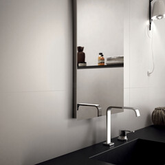 Modern interior design, bathroom with white tiles, seamless black sink, luxurious background.
