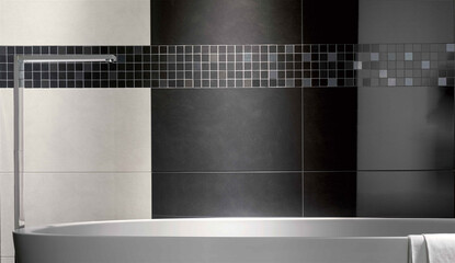 Modern interior design, bathroom with black and white tiles, seamless, luxurious background.