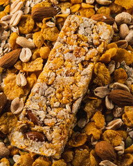 almond cereal bar above corn flakes, almonds, sunflower seeds, chocolate chips, pumpkin seeds