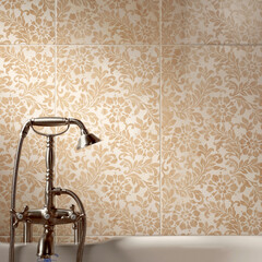 Modern interior design, bathroom with floral tiles, seamless, luxurious background.