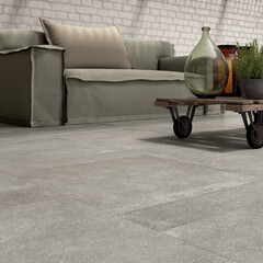 Modern interior design of room with gray tiles, seamless lamps, luxurious interior background.