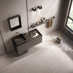 Modern interior design, bathroom with ligh gray tiles, seamless, top view, luxurious background.