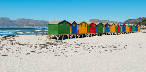 Panorama of colorful wooden beach cabins of Muizenberg beach near Cape Town, Western Cape province,...