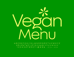 Vector stylish template Vegan Menu. Green trendy Font. Elegant Alphabet Letters, Numbers and Symbols set