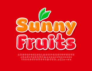 Vector colorful Poster Sunny Fruits.  Bright Red Font. Artistic Alphabet Letters and Numbers