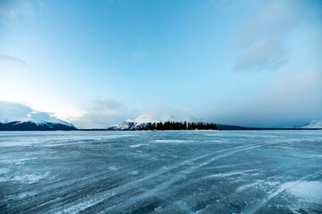 Stunning frozen lake area in northern Canada, Atlin, British Columbia during winter time. 