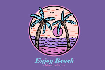 Beach Purple Summer Badges with Sun and Wave Coconut Tree and Surf paradise island
