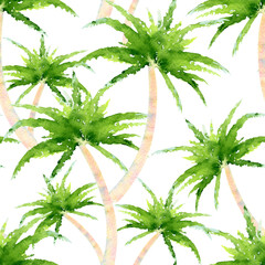 Coconut palms painted in watercolor, seamless tropical pattern, palm print on a white background