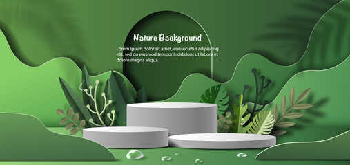 Product banner, podium platform with geometric shapes and nature background, paper illustration, and 3d paper. - obrazy, fototapety, plakaty