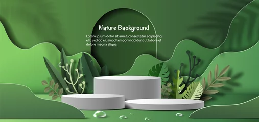 Foto op Canvas Product banner, podium platform with geometric shapes and nature background, paper illustration, and 3d paper. © Sunset Paper's