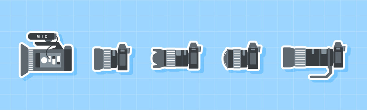 Camera icon set, Side view of photo equipment, Flat design element.