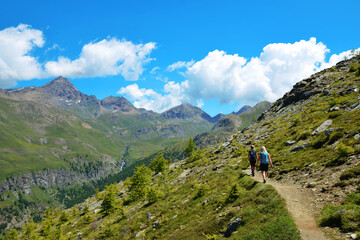 Fototapeta na wymiar Hikers in the Gran Paradiso National Park. Aosta Valley, Italy. Beautiful mountain landscape in sunny day.