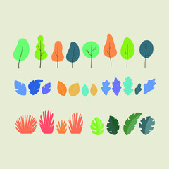 Collection of multi-colored bright isolated plants. Colorful flat illustration.