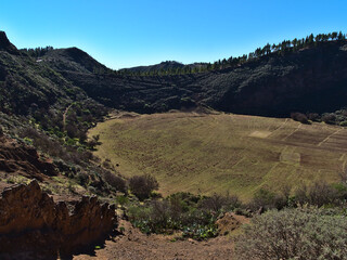 View of volcanic crater Caldera de Los Marteles in the central mountains of island Gran Canaria,...