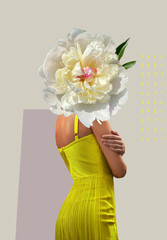Creative photography with flower instead of a woman's head. Feminism concept. Woman in an evening dress. Contemporary art collage