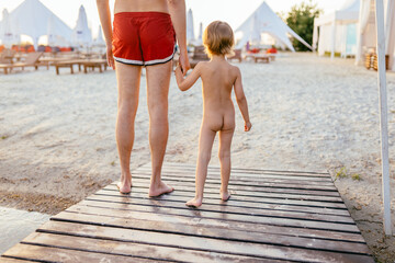 Rear view of father and son going bathing together, holding hands while standing at wooden pearce...