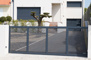 grey gate perforated modern sheet home aluminum portal of suburb house in street view