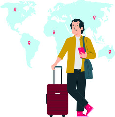 travel-world map-destinations-health-passport-concept-illustration | business traveler with suitcase