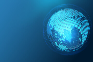 Map World representing the global network line wire frame banner on blue background