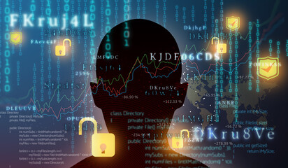 Hacking and malware concept. silhouette human head with big data business and security code on dark background