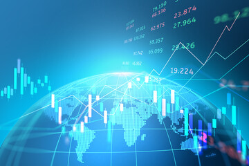 map world representing the global network line wire frame data business with stock market or forex trading graph concept banner on blue background