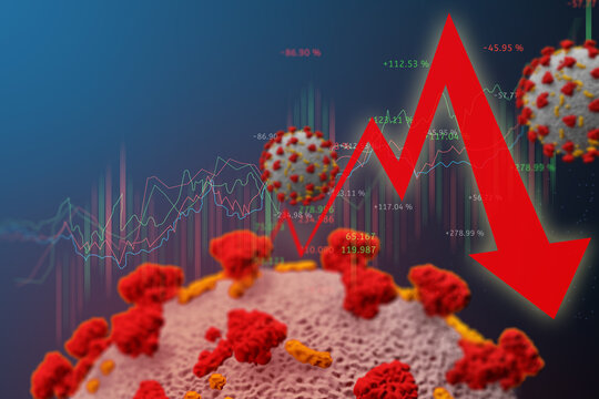 covid19 virus and red arrow down with data business and stock market or forex trading graph concept banner with on blue background 3D illustration