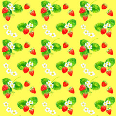 いちごの実、花、葉っぱのシームレスパターン　手描き水彩イラスト