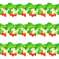 いちごの果実、花、葉っぱのシームレスパターン　手描き水彩イラストのフルーツ柄テキスタイル