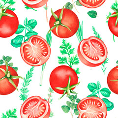 Tomatoes with herbs. Seamless pattern. Watercolor illustration. Isolated on a white background.