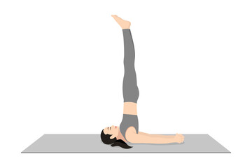 Shoulderstand Seal Pose. Beautiful girl practice Salamba Sarvangasana Yoga Mudrasana. Young attractive woman practicing yoga exercise. working out, black wearing sportswear, grey pants and top, indoor