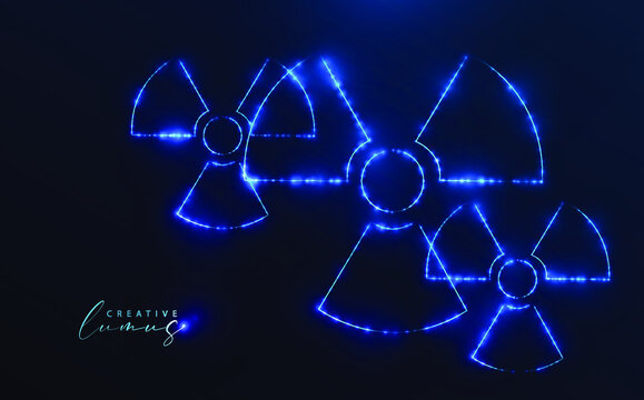 Starry radioactive symbol. Danger radioactivity icon in the universe. Futuristic, holographic style template with blue neon lights.