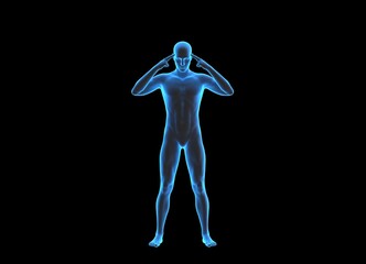 Obraz premium Technological human hologram of a male standing with hands holding his head - 3d anatomy artificial intelligence illustration