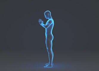 Technological human hologram of a male standing with hands holding his head - 3d anatomy artificial intelligence illustration