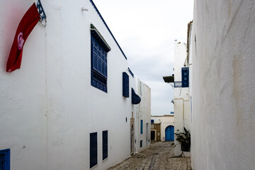 Fototapeta na wymiar View of the typical houses and streets of the Mediterranean city of Sidi Bou Said, a town in northern Tunisia located about 20 km from the capital, Tunis