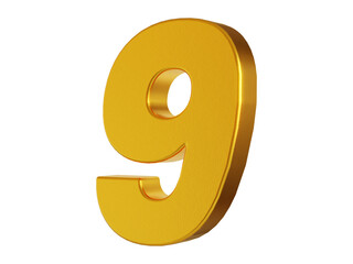 3d rendering of the number 9 in gold metal on a white isolated background