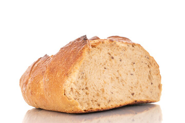 One half of buckwheat fragrant bread, macro, isolated on a white background.