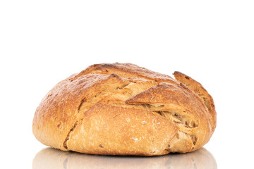 One loaf of buckwheat fragrant bread, macro, isolated on a white background.