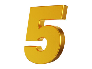 3d rendering of the number 5 in gold metal on a white isolated background