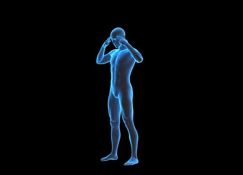 Technological human hologram of a male standing with hands holding his head - 3d anatomy artificial intelligence illustration