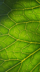 Fresh plant leaf close-up in the sun. Mosaic pattern of green cells and yellow veins. Abstract vertical background on a vegetable theme. Nature mobile phone wallpaper. Horseradish leaf. Macro