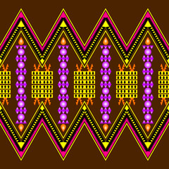 Uzbek or Indonesian Ikat Silk fabric style seamless pattern. Simple colorful boho ornamental decor for custom textile or background in yellow, blue, red colors. Vector stock illustration 2022.
