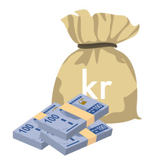 Swedish Krona Vector Illustration. Sweden money set bundle banknotes. Money bag 100 kr. Flat style. Isolated on white background. Simple minimal design.